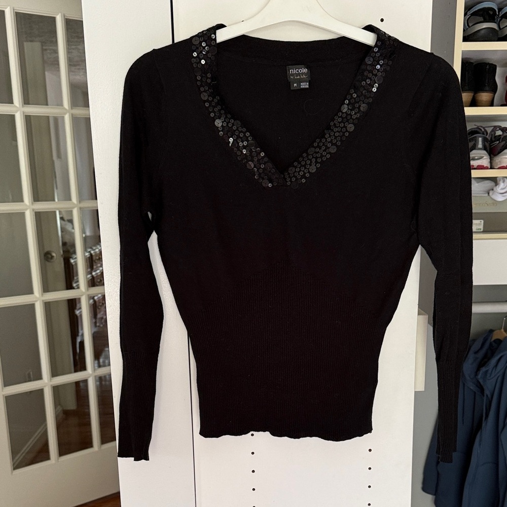 Nicole Black Sequin V-Neck Blouse